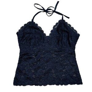 Y2K Moda International Black Sheer Lace Halter Top XS Stretchy Scalloped Edge